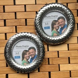 Set of 2 Hammered Silvertone 5" Round Frame Holds 3X3" Photo, Metal